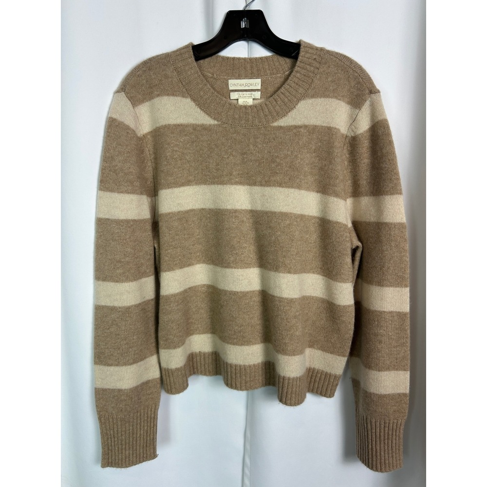 Cynthia Rowley Tan Cream Striped Merino Wool Cashmere Sweater Preppy Classic XL